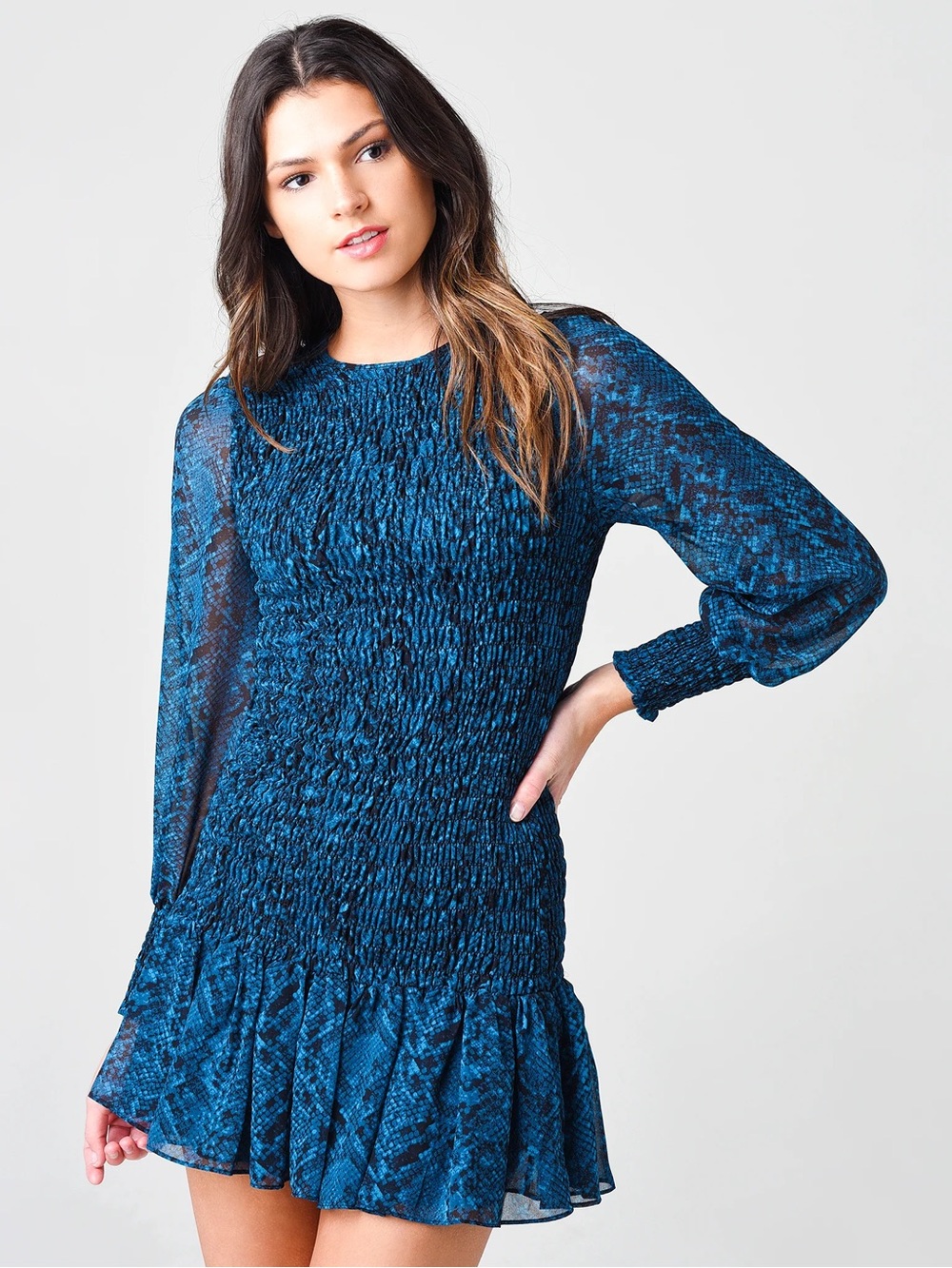 Miss Los Angelas Smocked Ruffle-Hem Long Sleeve Dress